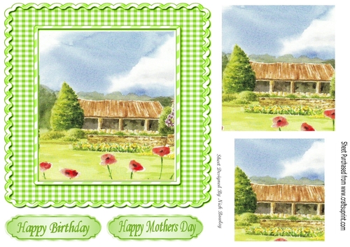 Pretty painted barn in green gingham 7x7 frame with pyramids