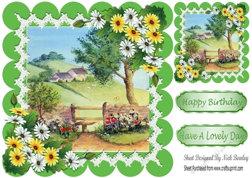  cottage wth garden and flowers in green scalloped 8x8 frame