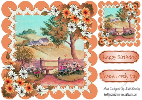 cottage wth garden and flowers in peach scalloped 8x8 frame