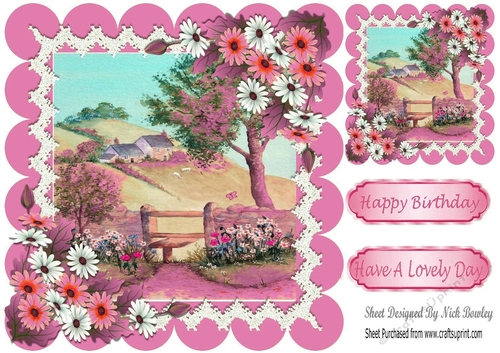 cottage wth garden and flowers in pink scalloped 8x8 frame