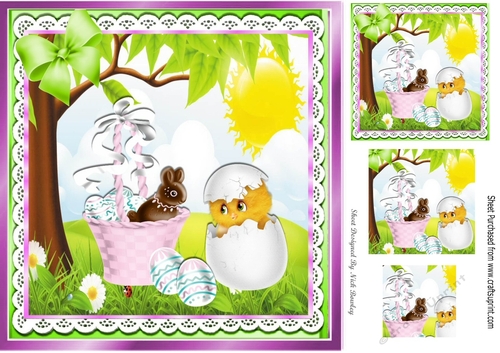 Easter Bunny in basket, with cute little chick 8x8  with pyramids