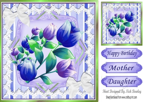 Pretty painted purple flowers with white bows and lace 8x8