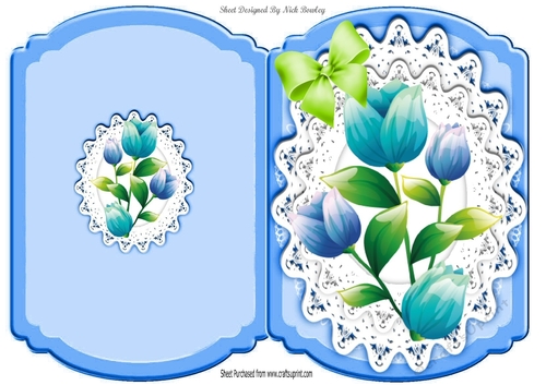 Pretty blue flowers with green bow and lace bracket card