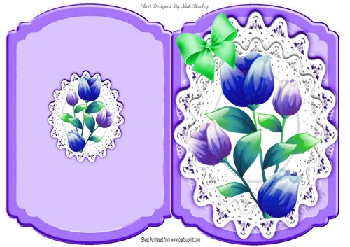 Pretty purple flowers with green bow and lace bracket card