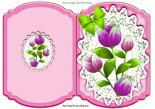 Pretty pink flowers with green bow and lace bracket card