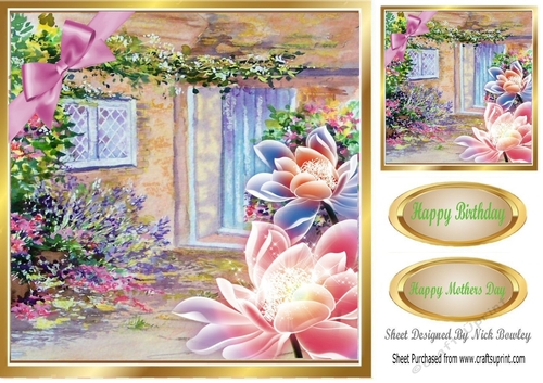 Pretty garden of flowers with lotus flowers  and bow 8x8