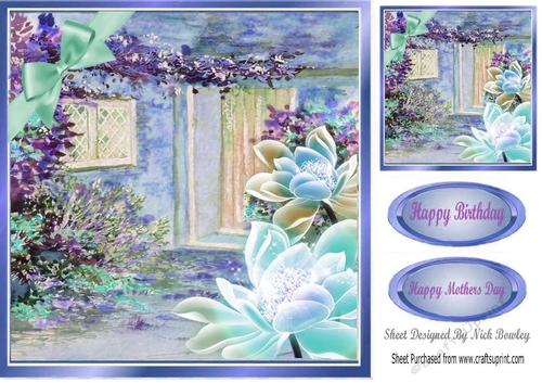 Pretty garden of flowers with turq/purple lotus flowers  and bow 8x8