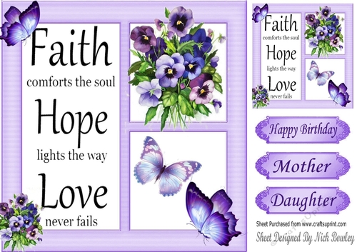 pretty purple shades of pansies with butterflies 8x8