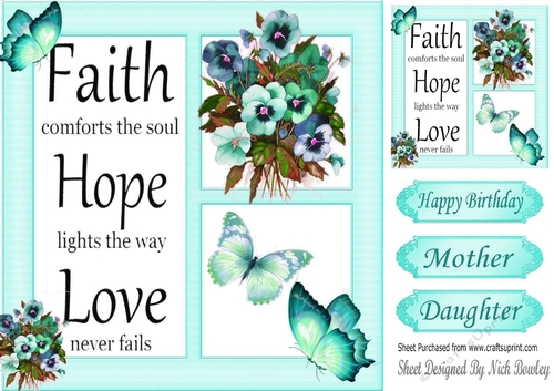 pretty turq shades of pansies with butterflies 8x8
