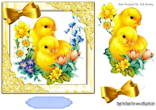 cute little yellow chicks with flower and striped frame 7x7