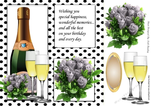 Lovely silver roses and wine for the birthday girl in polkadot frame 8x8