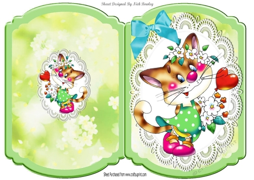Cute Kitty with heart and flowers on lace bracket card