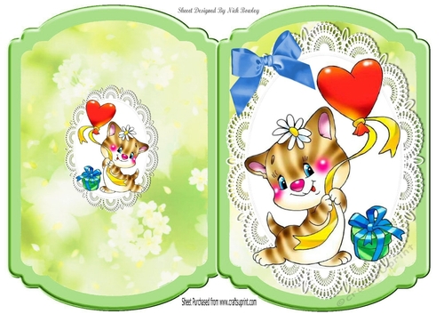 Cute Kitty with heart and present on lace bracket card