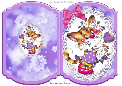 Cute Kitty with purple heart and flowers on lace bracket card