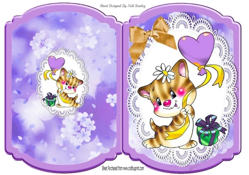 Cute Kitty with purple heart and purple present on lace bracket card