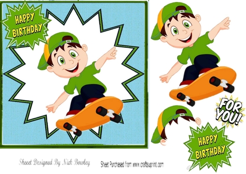 Boy Skate Boarding in green cap 7x7