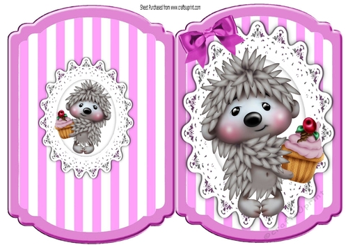 cute hedggy with cupcake  on lace pink stripe bracket card