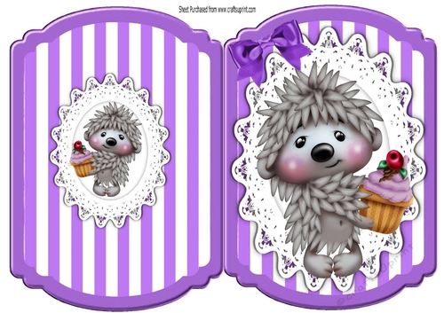 cute hedggy with cupcake  on lace purple stripe bracket card