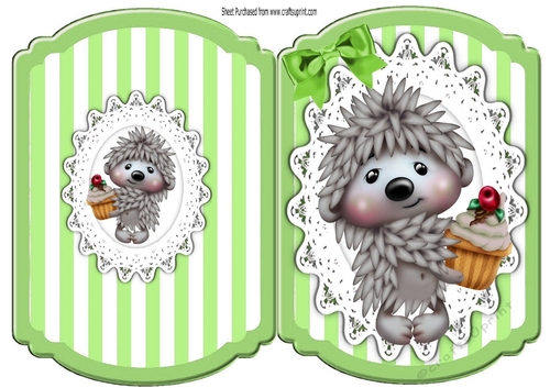 cute hedggy with cupcake  on lace green stripe bracket card