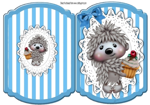 cute hedggy with cupcake  on lace blue stripe bracket card