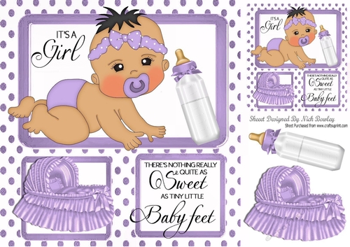 Sweet baby girl with bottle, lilac bassinet window 8x8 frame