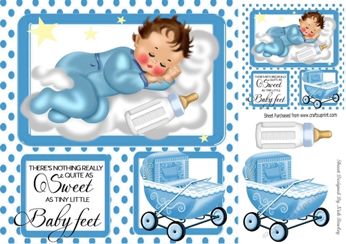 Cute sleepy baby boy with bottle and blue pram 8x8 window card