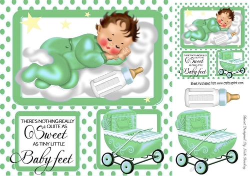 Cute sleepy baby boy with bottle and mint green pram 8x8 window card