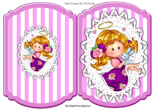 Cute Pummy Doll Angel holding a bunny  in purple stripe card