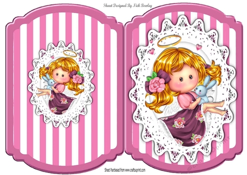 Cute Pummy Doll Angel holding a bunny  in pink stripe card