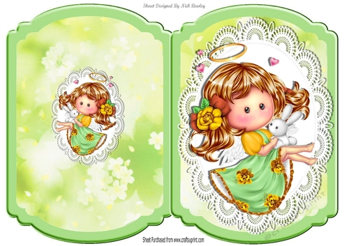 Cute Pummy Angel holding a bunny on  lace green bracket card