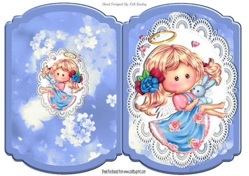 Cute Pummy Angel holding a bunny on  lace blue bracket card