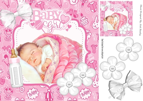 Sweet baby girl sleeping with white bow and flowers 8x8