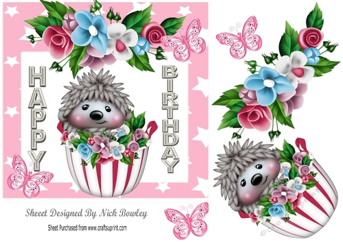 cute hedggy in cupcake with flowers in pink star 7x7 frame