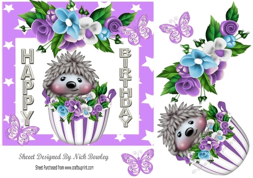 cute hedggy in cupcake with flowers in purple star 7x7 frame