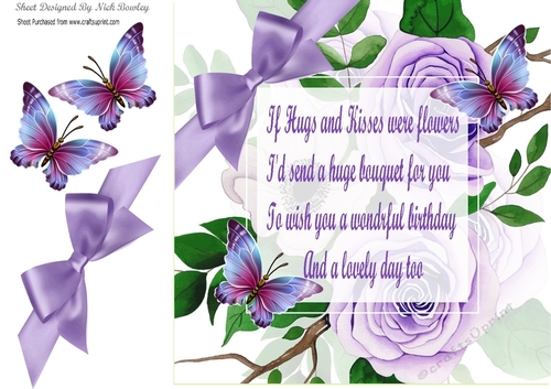 Purple roses for you, with butterflies and a corner bow card front 8x8