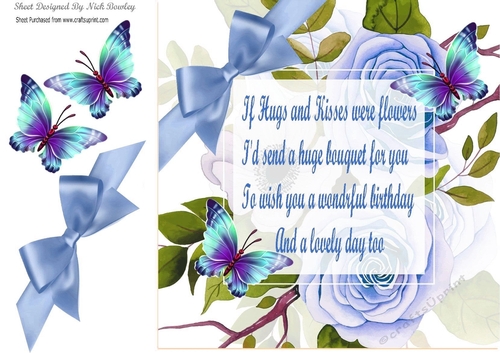 blue roses for you, with butterflies and a corner bow card front 8x8