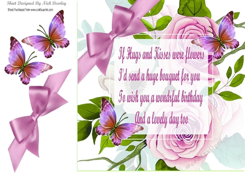 Pink roses for you, with butterflies and a corner bow card front 8x8
