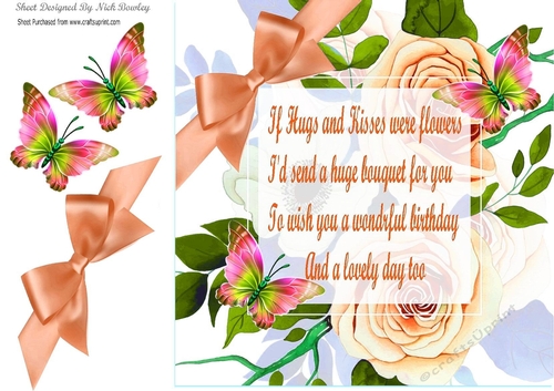 peach roses for you, with butterflies and a corner bow card front 8x8