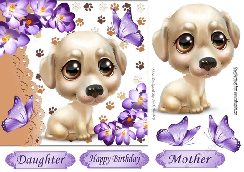 Cute puppy with purple flowers and butterflies 7x7