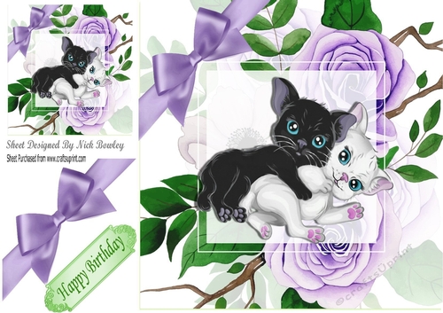 cute cuddle kittens with purple roses & bow 8x8
