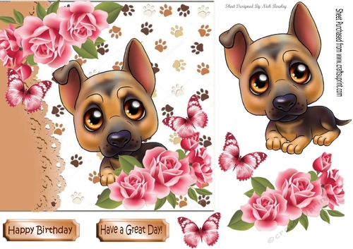 Cute puppy with pink roses and butterflies 7x7