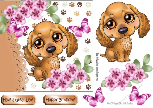 Cute puppy with lilac flowers and butterflies 7x7