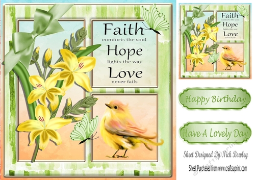 pretty lillies with yellow little bird & butterflies card front 8x8