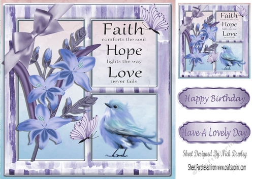 pretty lillies with blue little bird & butterflies card front 8x8