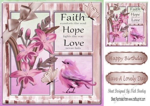 pretty lillies with pink little bird & butterflies card front 8x8