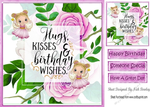 Hugs and kisses, fairies wishes with pink roses 8x8