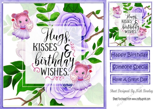 Hugs and kisses, fairies wishes with purple roses 8x8