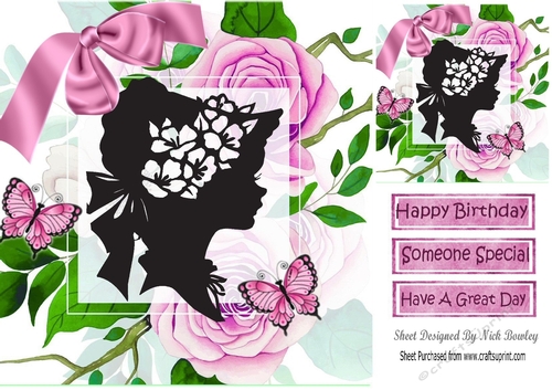 Elegant vintage silhouette lady with pink roses 8x8