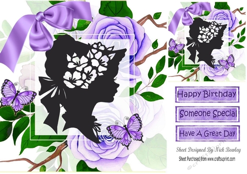 Elegant vintage silhouette lady with purple roses 8x8