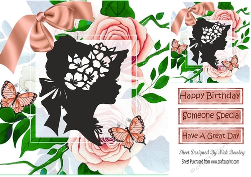 Elegant vintage silhouette lady with peach roses 8x8
